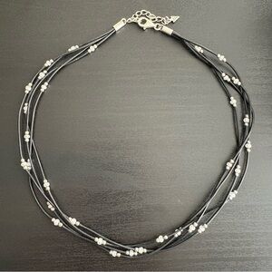 Silpada Multi-strand Black Leather Cord Sterling Silver Bead Station Necklace